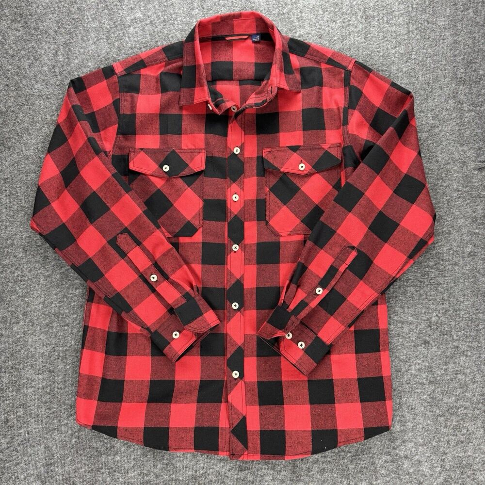 Men’s Buffalo Plaid Flannel Shirt Medium Red Black Button Front Long Sleeve View 2